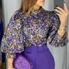 Mulheres Roxo Impresso Blusas Turtleneck Long Lanterm Sleeves Camisas Tops Feminino Floral Outono Moda Bluas Elegante Senhoras Desgaste 210416