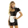 Womens Ladies French Body Latex Maid Dress Cosplay Costume Wetlook Clubwear Puff Sleeves Breast Bodycon Mini med förkläde 2112232537693