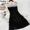 Neploe Vintage Pleuche Dresses Women Patchwork See Through Gauze Dress High Waist Slim Robe Lace Ruffles Temperament Vestidos 210422