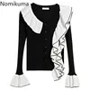 Nomikuma Ruffle Patchwork Contrast Cor Cardigan Mulheres V Pescoço Manga Longa Camisola Curto Feminino Coreano All-Match Tops 210514