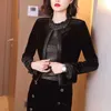 Black velvet small short style jacket women spring long-sleeved cardigan top o neck solid 210922