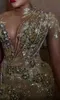 Plus Size Arabic Aso Ebi Gold Luxurious Mermaid Prom Dresses Lace Beaded Sheer Neck Evening Formal Party Second Reception Gowns Dress ZJ704