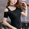 女性のための肩の上から韓国のスタイルの女性のためのTシャツのテンプマTシャツCamisetas Mujer川野夏ジッパーTシャツブラック210615