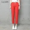 Autumn Cotton Linen Pant Candy Color Casual Loose Harem for Ankle Length Trousers Female Elastic Waist Pant 210915