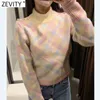 Spring Women Simply Geometric Print Knitting Sweater Kvinna Chic Shoulder Diamond Knappar Casual Pullovers Tops S604 210416