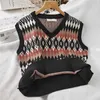 Estilo formal de malha colete mulheres de malha argyle sweater colete sem mangas xadrez cintura outono curto outwear chalecos para mujer 210817