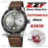 ZZF Diver Sixty-Five A2836 Automatic Mens Watch 2021 Gray Dial Brown Leather Strap With White Line Watches Super Edition 73377204051LS ETA Puretime