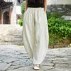 Johnature Casual Style Bawełniany Pościel Spodni Solidny Kolor Kobiety Spodnie Wiosna Lato Ramie Elastyczna Talia Kobiety Vintage Spodnie 210521