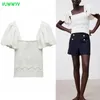 Vuwwyv Branco Elegante Ruffle Knit Crop Top Mulheres Suéteres Primavera Chic High Street Ladies Manga Curta Blusas Elástico 210430