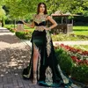 Elegant Dubai Dark Green Velvet Evening Dresses Removable Skirt Arabic Side Split Mermaid Prom Gowns Appliques Gold Lace High Neck Algerian Moroccan Kaftan Outfit