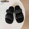 Summer Women Shoes Slippers Slides PU Rubber Basic Solid Outside Flat With Adult Pleated 35~39 Rome Platform 210507
