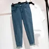 Женские джинсы Женская женщина с высоким талией плюс плюс женская полная длина скинни ретро -синяя джинсовая джинсовая ткань гаремы штаны