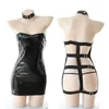 Sexy Lingerie PU Leather Erotic Dresses For Women Bandage Sleeveless Dress Clubwear With Collar And Handcuffs Underwear Set Bras Sets