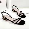 Women Summer Sandals Shoes Crystal Sequined Cloth Lace-Up Square Low Heels 3CM Gold Heel Brand Party Sexy Slippers 210520