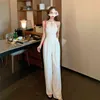 Sexy Halter Sleeveless Jumpsuits&Rompers White Casual Jumpsuits Women Summer Temperament High Waist Loose Straight Hollow Out 210429