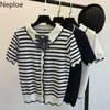 Neploe Peter Pan Collarの女性Tシャツニットちょう結びの半袖ティー夏2021年の胸の韓国の女性トップス44219 x0628