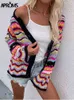 Aprenda elegante arco-íris colorido manga comprida Malha Cardigan mulheres outono oco out sweater de grandes dimensões feminino moda outerwear 211103