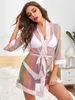 Kadın Pijama Seksi Kadınlar Lingerie Gökkuşağı Mesh Sheer See Through Yarım Kollu Tüy Elbise Gecelik Bornoz Gece Elbisesi Cornes