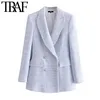 TRAF Femmes Mode Double Boutonnage Tweed Vérifier Blazer Manteau Vintage À Manches Longues Poches Femme Survêtement Chic Veste 211019