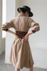 Corduroy Tunic Asymmetrical Brown Shirt Dress Women Long Sleeve Button Up Collar Corset Mini Designer Belt 210427