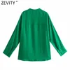 Zevity Femmes Simplement Collier Solide Vert Casual Kimono Chemise Femme Poche Patch Blouse Roupas Chic Blusas Tops LS9378 210603