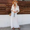 Women's Swimwear White Beach Cardigan Women Hollow Out Lace Patchwork Dress Kaftan Drawstring Maxi Bikini Cover Up