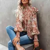 Blomstryck Boho Höst Vinter Ruffle Blouse Toppar Kvinnor Långärmad Turtleneck Red Office Ladies Casual Shirts 210427