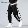 Мода Мужчины Ленты Цвет Блок Черные Карманные Брюки Грузовые брюки Гарем Жулки Harajuku Fountfant Hip Hop Брюки