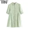 TRAF Women Chic Fashion Floral Print Mini Shirt Dress Vintage Puff Sleeves With Lining Female Dresses Vestidos Mujer 210415