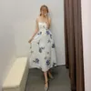 Women Floral Print Summer Dress Chiffon Fashion Elastic Bust Lining Inside Spaghetti Strap Mid Long Dresses 210429