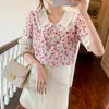 Sommar Kvinnor Designer Sweet Pink Floral Peter Pan Collar Chiffon Blouse Puff Sleeve Vintage Shirts Dam Casual Top 210519