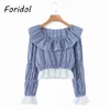 Ruffle Vintage Plaid Blouse Shirt Women French Style Print Boho Spring Autumn Crop Tops Puff Sleeve Casual Blue 210427