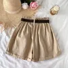 Sommar elegant hög midja shorts kvinnor casual solid brett ben lösa korta byxor med bälte koreanska söta tjejer