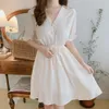 Artı Boyutu Lace Up Yaz Kız Boho Parti Şifon Kadın Vintage Elbise Beyaz Kısa Kollu Kadın Elbise Robe Vestido 210417