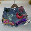 DEAT Llegadas Luna Estrellas Lentejuelas Bordado Borla Parche Raw Denim Shorts Mujer Moda Mujer ME670 210719