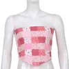 Flaral Print Y2K Pink Women's Tube Top Kvinna Vintage Sommar Ärmlös Bandage Plaid Crop Tops Shirt Tank Västar Korsett 210415