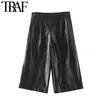 TRAF Moda Fashion Side Bolsos Faux Leather Bermuda Shorts Vintage Cintura alta Zíper Feminino Calças Curtas Mujer 210415