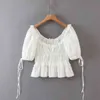 Casual Blanc Lace Up Blouse Chemises Femmes Été Dos Nu Volant Crop Tops Puff Manches Vintage Blusa Mujer Chic 210427