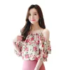 Floral Chiffon Shirt Sommar Off-The-Shoulder Ruffled Short-Sleeved Toppar Kvinnor Camisas Mujer Womens Kläder 698c 210420