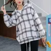 Women Hooded Pullover Thick Gray Black White Plaid Pocket Autumn Winter H0070 210514