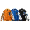 Chaquetas para hombres Carta de dibujos animados Bordado Béisbol Bomber Chaqueta Harajuku Patchwork Oversize Varsity Estilo Parejas Abrigos 2021 Streetwear