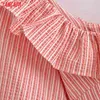Kobiety Retro Paski Print Ruffles Oversize Collar Latarnia Sleeve Chic Kobiet Krótki Bluzka Koszula Topy 3H246 210416