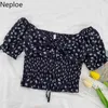 Neploe Summer Shirts Fashion All-Mecz Bluzki Kobiety V-Neck Floral Lace Up Crop Tops Ruffles Plised Bluzka Kobieta 94808 210422