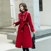 Women's Wool & Blends Big Red Tweed Coat Long Navy Collar In Autumn And Winter Phyl22