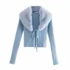 Women Sweet Fur Collar Splicing Knitting Sweater Female Lace Long Sleeve Cardigan Chic Top 211011