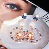 Cubic Zircon and Pearl Drop for Women Luxury Colorful Blue Crystal Elements Gold Color Pendant Statement Earrings Brand