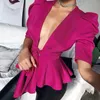 Femmes Blouse Sexy col en V profond avec ceintures Peplum manches Rose rouge demi manches Clubwear fête mode femmes hauts chemises 210416