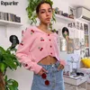 Sweet Embrodiery Cherry Harajuku Pink Knitted Cardigan Women Autumn Button Long Sleeve White Cute y2k Cropped Top Winter 210510