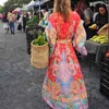 Fitshinling Vintage Elegant Chic Beach Long Dress With Sashes Big Sleeve Print Floral Button-Up Slim Vestidos BOHO Maxi Dresses 210722