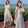 Kvinnor Vintage Sommar Vit Blomma Kortärmad V Nacke Hollow Out Lace Midi Klänning Elegant Kvinna Sexig Party Klänningar Vestidos 210514